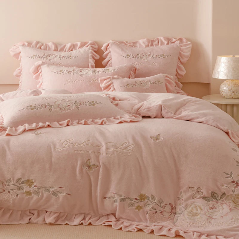 Agnes Pink Thickened Velvet Soft Fleece Bedding Set