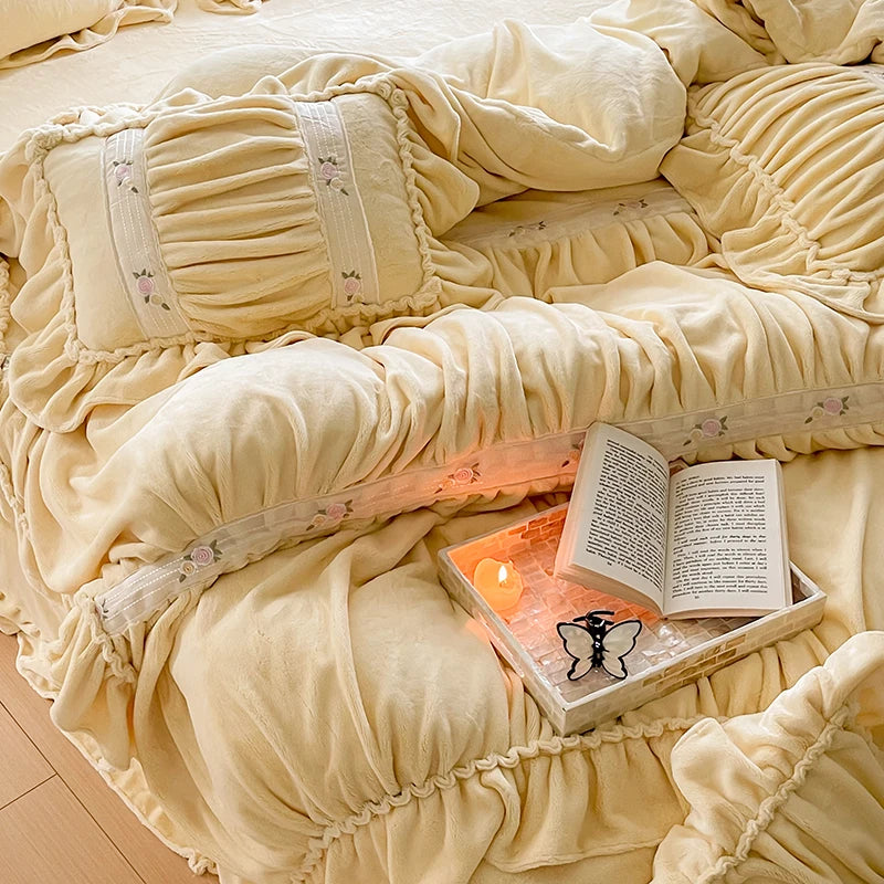 Belbina Taiwan Gold Velvet Soft Fleece Floral Bedding Set