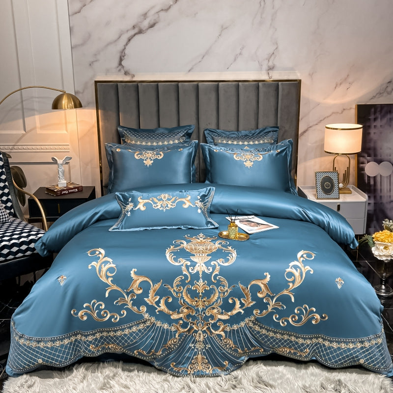 Elmira Blue 600TC Satin Egyptian Cotton Royal Embroidery Duvet Bedding Set - DARIYA HOME