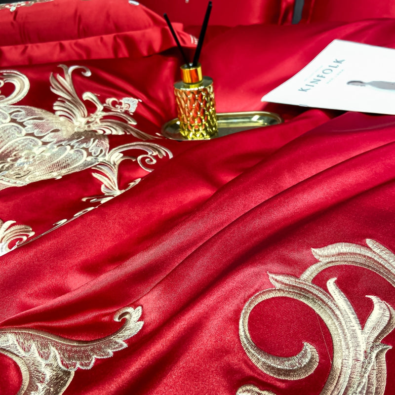 Elmira Red Luxury 600TC Satin Egyptian Cotton Royal Embroidery Duvet Bedding Set - DARIYA HOME
