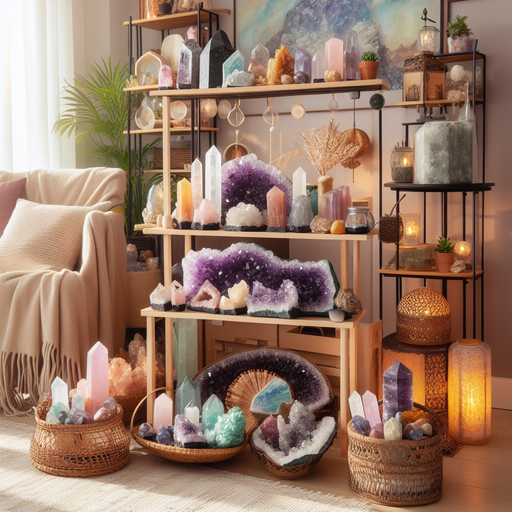 Beautifully decorated living room with natural crystals like amethyst, opal, citrine and more.