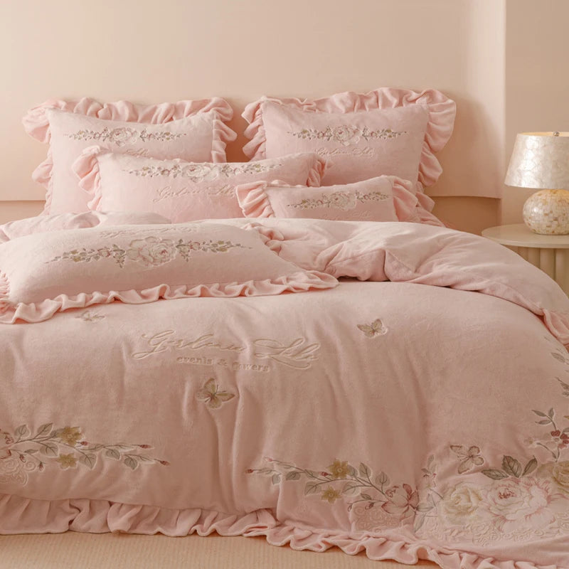 Agnes Pink Thickened Velvet Soft Fleece Bedding Set