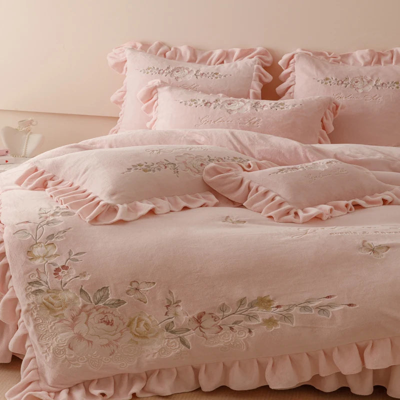 Agnes Pink Thickened Velvet Soft Fleece Bedding Set