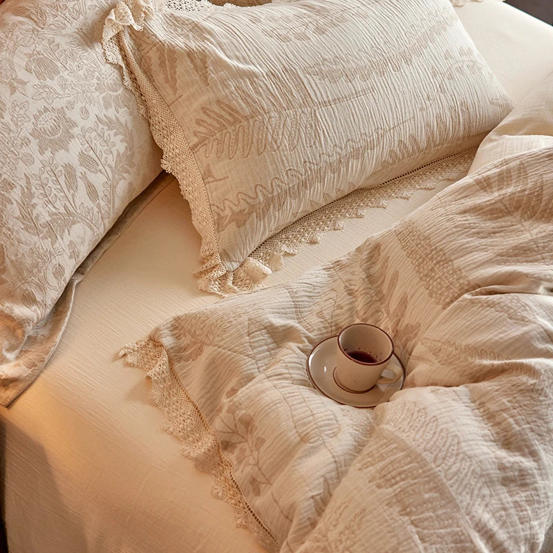 Irene Linen Cotton Crème de Caramel Vintage Jacquard Bedding Set