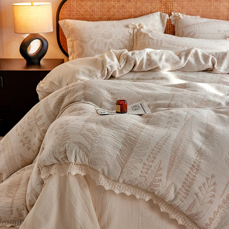 Irene Linen Cotton Crème de Caramel Vintage Jacquard Bedding Set