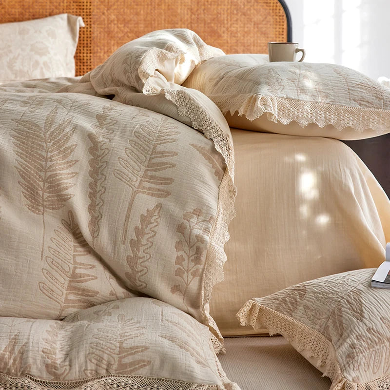 Irene Linen Cotton Crème de Caramel Vintage Jacquard Bedding Set