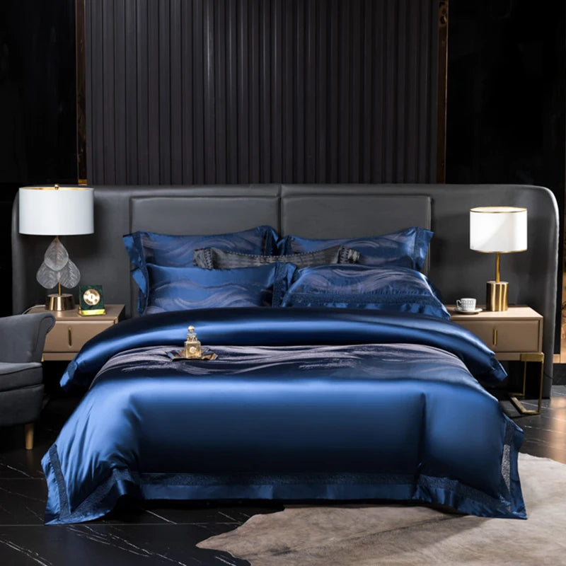 Aurelia Blue 1000TC Satin Jacquard Egyptian Cotton Bedding Set