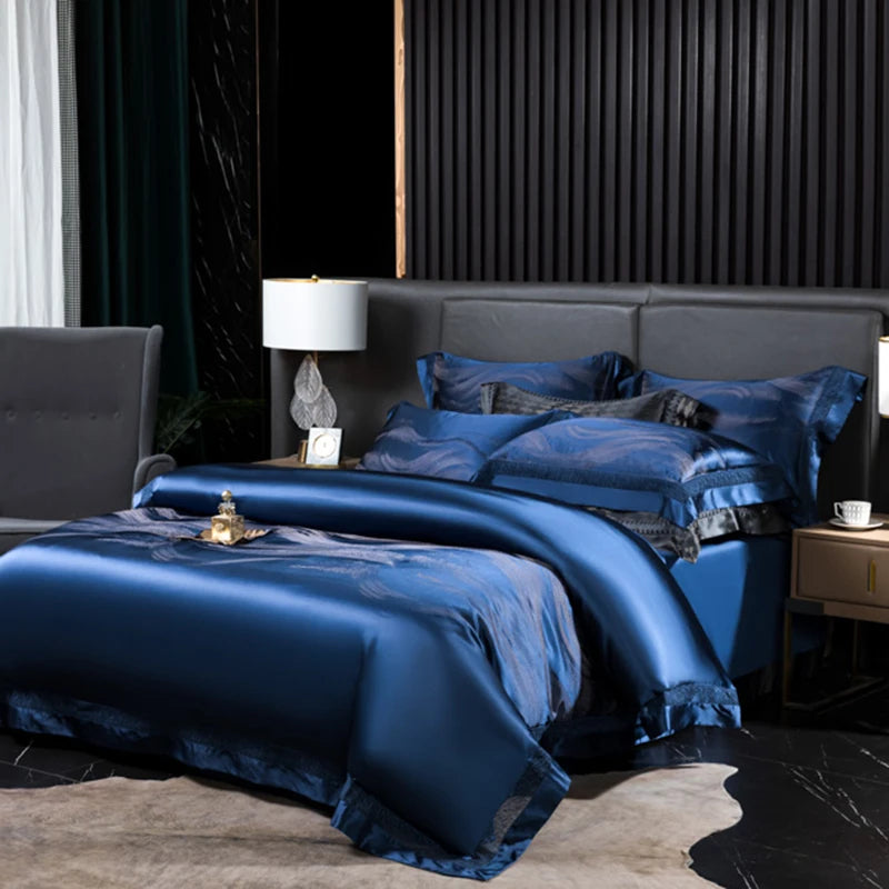 Aurelia Blue 1000TC Satin Jacquard Egyptian Cotton Bedding Set