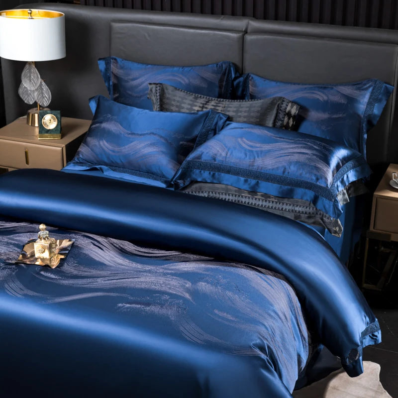 Aurelia Blue 1000TC Satin Jacquard Egyptian Cotton Bedding Set