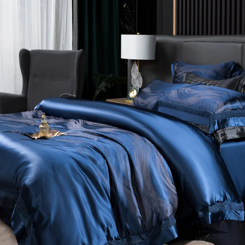 Aurelia Blue 1000TC Satin Jacquard Egyptian Cotton Bedding Set