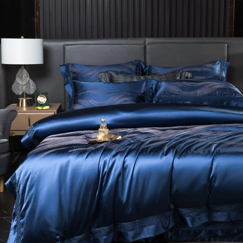 Aurelia Blue 1000TC Satin Jacquard Egyptian Cotton Bedding Set