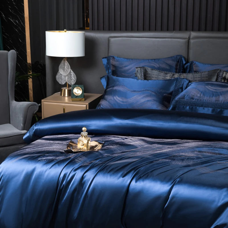 Aurelia Blue 1000TC Satin Jacquard Egyptian Cotton Bedding Set