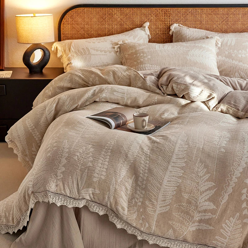 Irene Linen Cotton Coffee Clay Vintage Jacquard Bedding Set