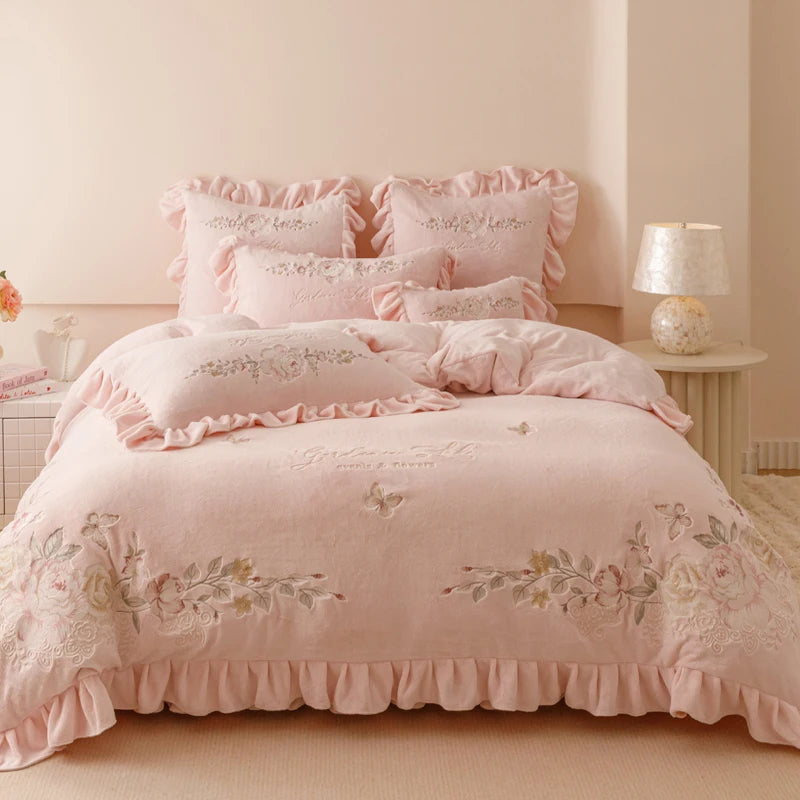 Agnes Pink Thickened Velvet Soft Fleece Bedding Set