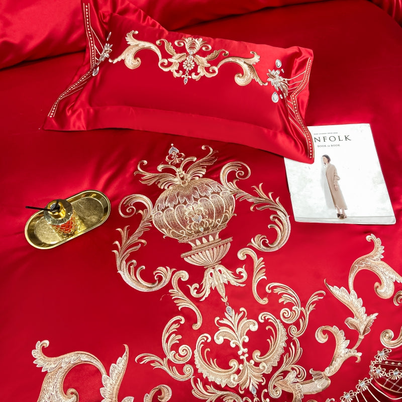 Elmira Red Luxury 600TC Satin Egyptian Cotton Royal Embroidery Duvet Bedding Set - DARIYA HOME