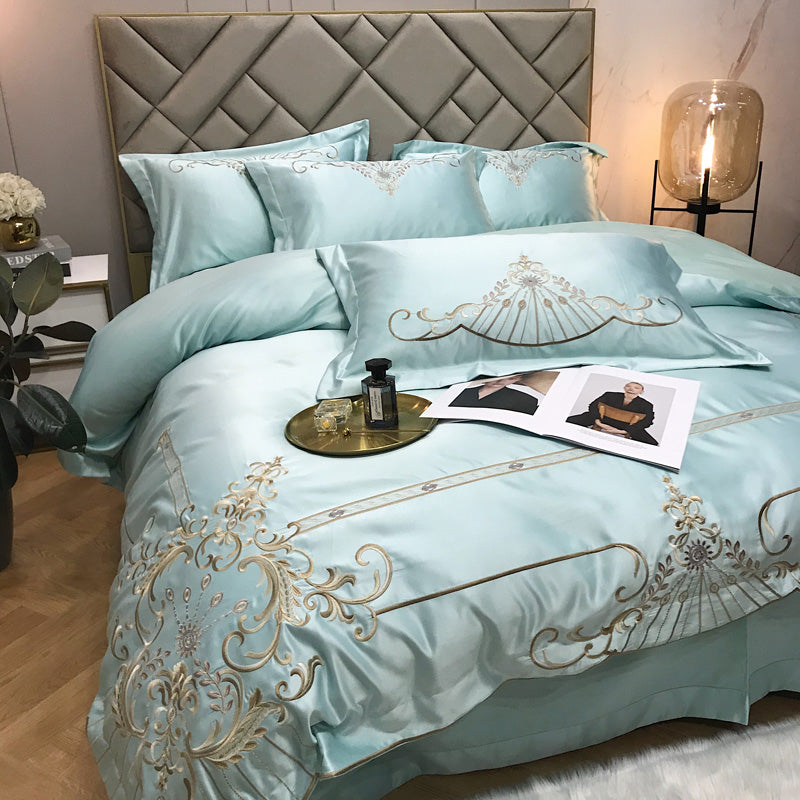 Victoria Blue Smoke Luxury 600TC Satin Egyptian Cotton Royal Embroidery Duvet Bedding Set - DARIYA HOME