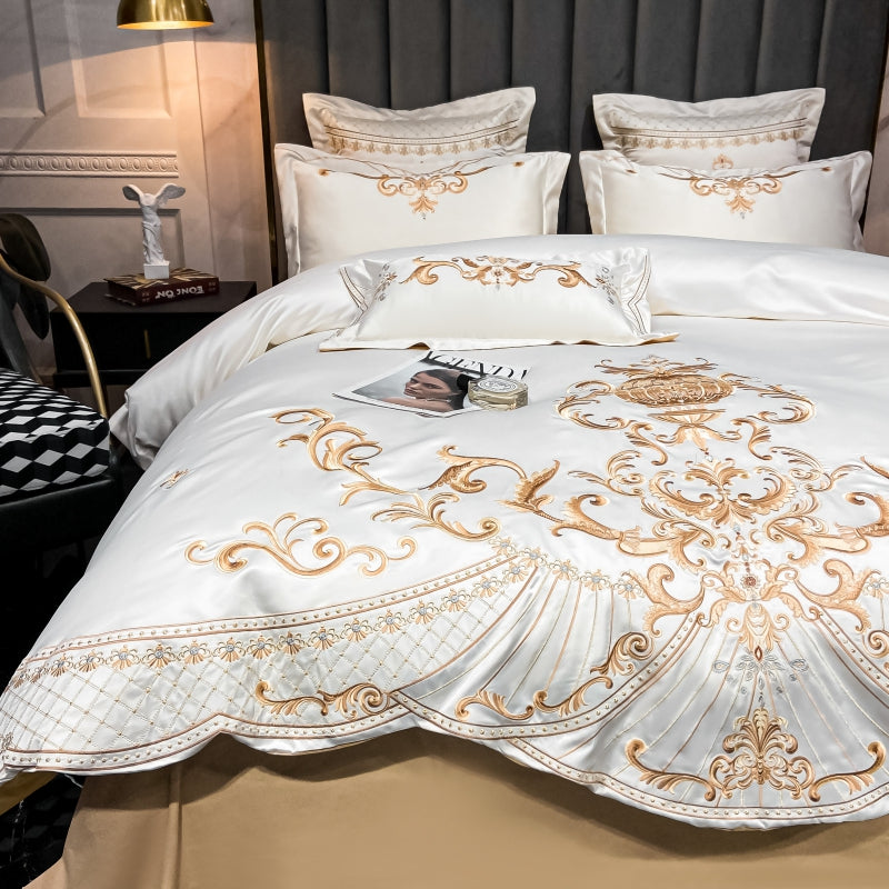 Elmira White Gold 600TC Satin Egyptian Cotton Royal Embroidery Duvet Bedding Set - DARIYA HOME