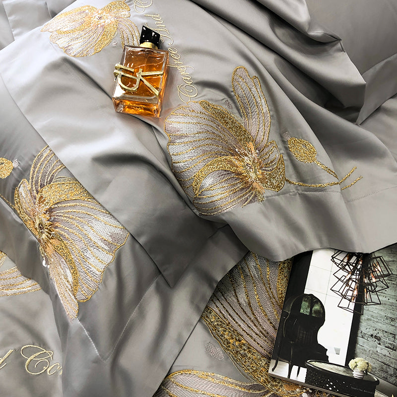 Flora Pale Slate Egyptian Cotton Luxury Embroidered Bedding Set - DARIYA HOME