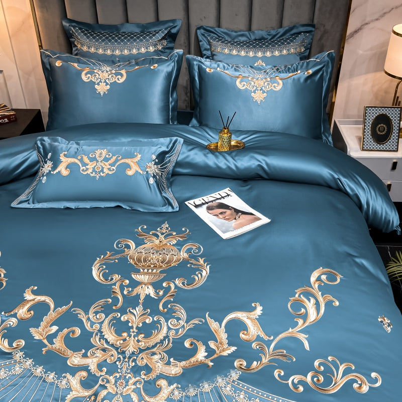 Elmira Blue 600TC Satin Egyptian Cotton Royal Embroidery Duvet Bedding Set - DARIYA HOME