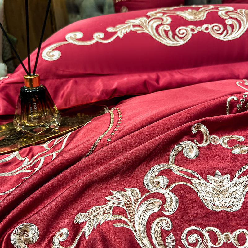 Naomi Cerise Red Luxury 600TC Satin Egyptian Cotton Royal Embroidered Duvet Bedding Set - DARIYA HOME