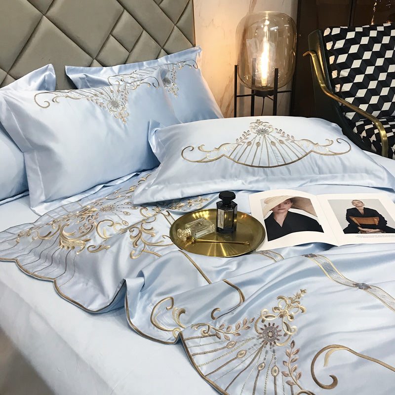 Victoria Ghost Blue Luxury 600TC Satin Egyptian Cotton Royal Embroidery Duvet Bedding Set - DARIYA HOME