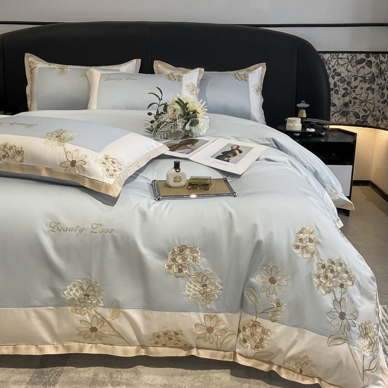 Hedonia Light Blue 1000TC Flower Embroidery Egyptian Cotton Duvet Bedding Set - DARIYA HOME