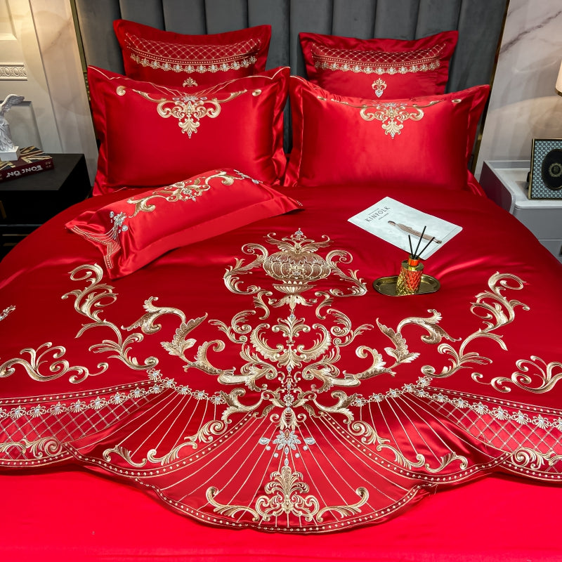 Elmira Red Luxury 600TC Satin Egyptian Cotton Royal Embroidery Duvet Bedding Set - DARIYA HOME