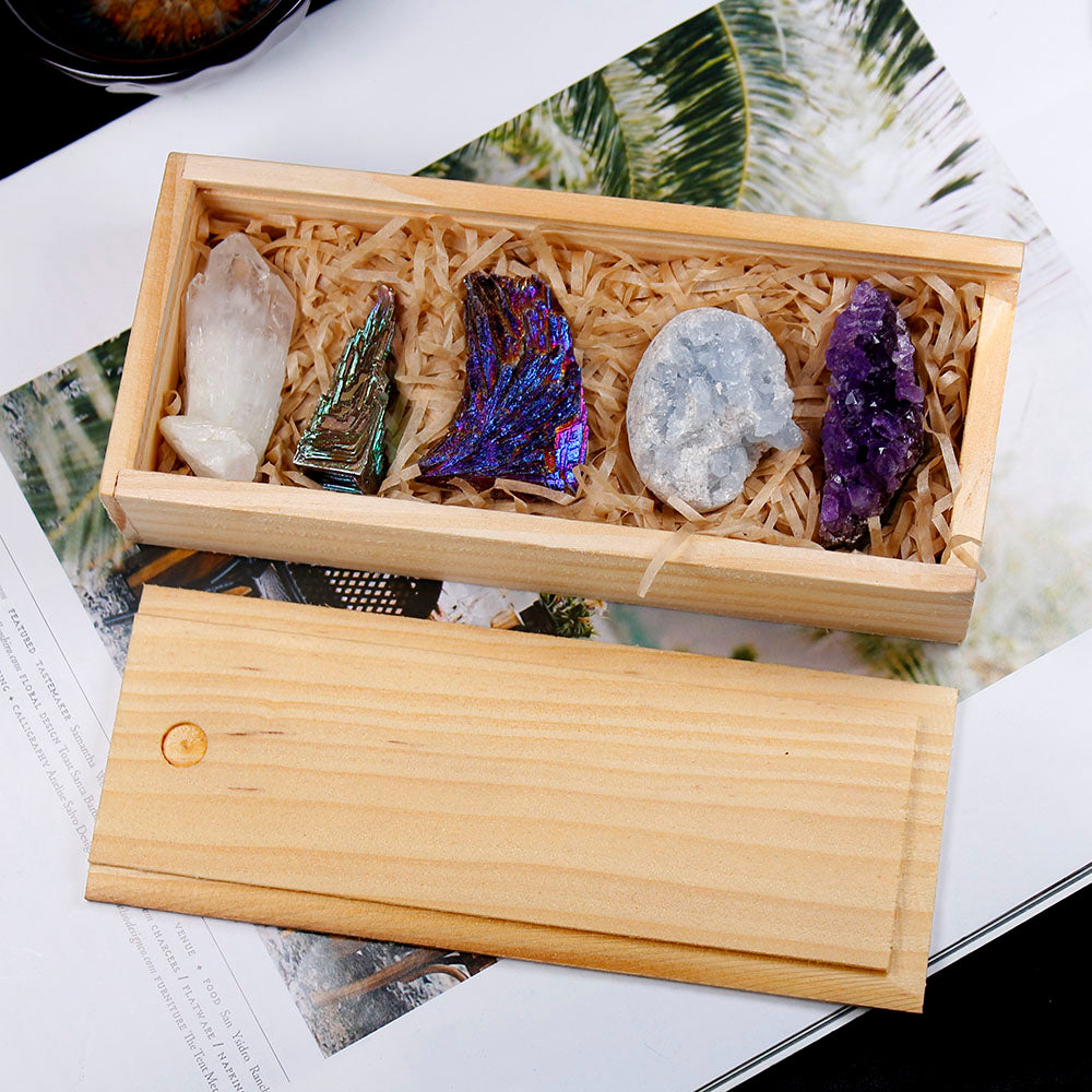 Natural Crystals 5 Pieces Set Home Collection Wooden Box Gift