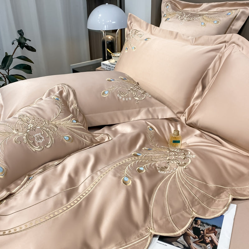 Virginia Almond Luxury Satin Egyptian Cotton Royal Feather Embroidery Duvet Bedding Set - DARIYA HOME