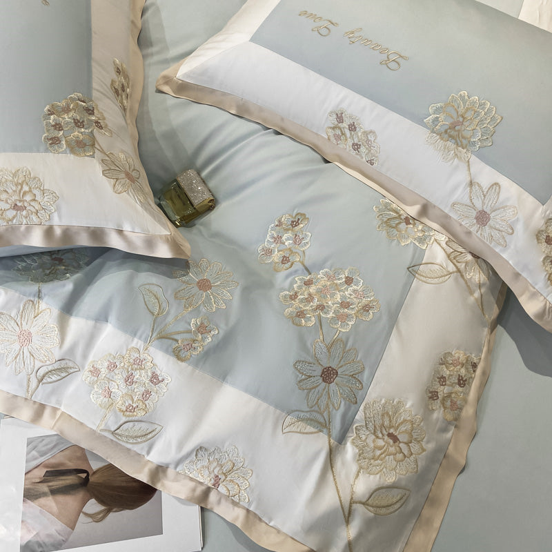 Hedonia Light Blue 1000TC Flower Embroidery Egyptian Cotton Duvet Bedding Set - DARIYA HOME