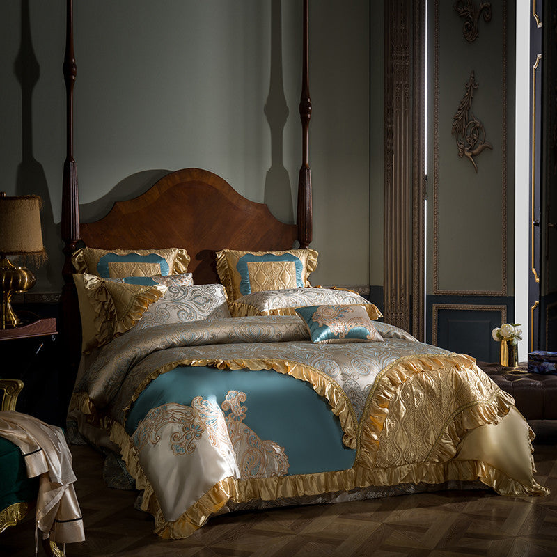 Jacqueline Gold Blue Satin Jacquard Egyptian Cotton Royal Luxury Embroidered Duvet Cover Set - DARIYA HOME