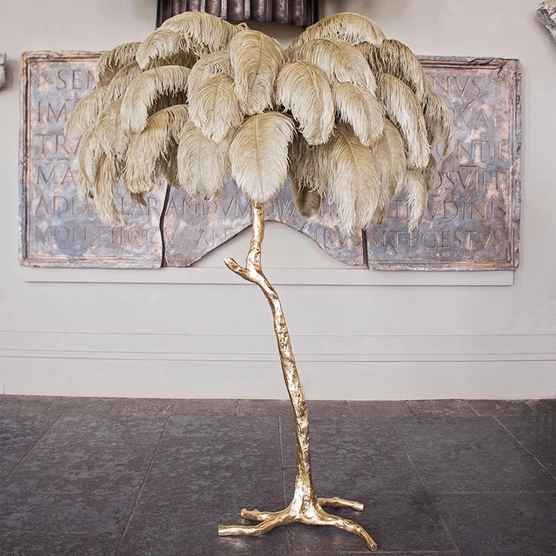 "King of The Jungle" Khaki Ostrich Feathers Handcrafted Copper Body Decor Floor Table Lamp - DARIYA HOME