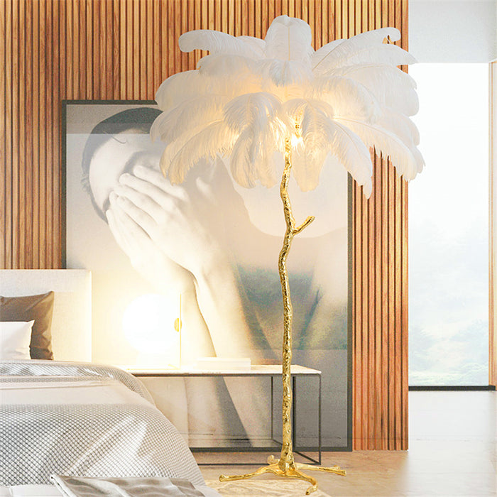 "King of The Jungle" White Ostrich Feathers Handcrafted Copper Body Decor Floor Table Lamp - DARIYA HOME