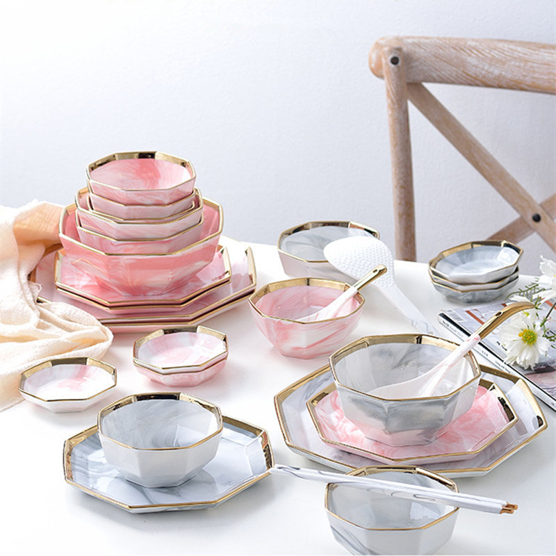 Marina Pink Marble Octagon Luxury Dinnerware Set - DARIYA HOME