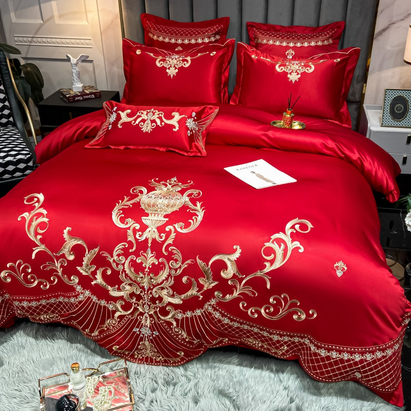 Elmira Red Luxury 600TC Satin Egyptian Cotton Royal Embroidery Duvet Bedding Set - DARIYA HOME