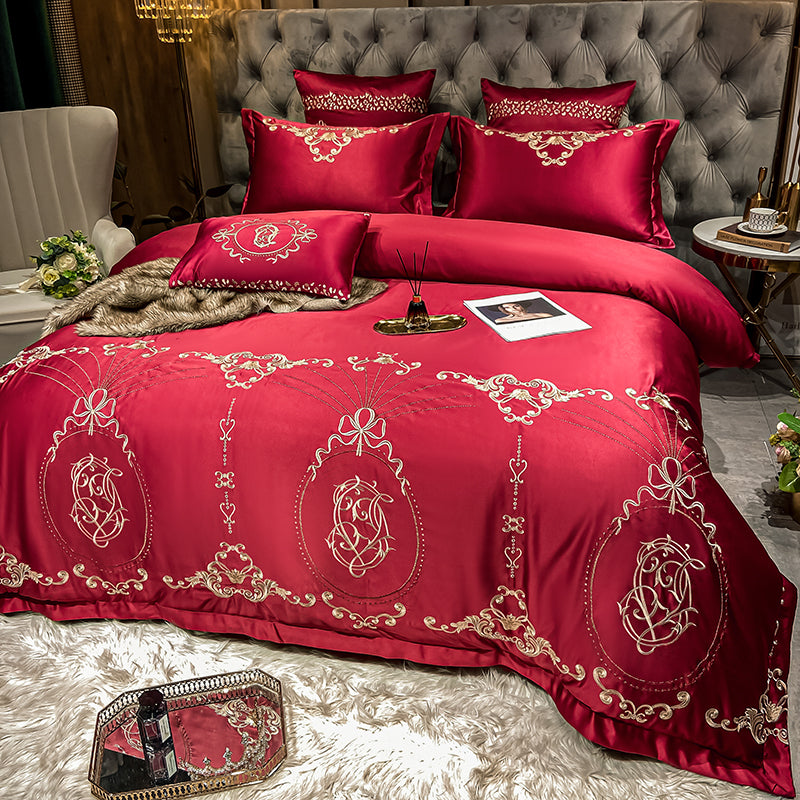 Naomi Cerise Red Luxury 600TC Satin Egyptian Cotton Royal Embroidered Duvet Bedding Set - DARIYA HOME