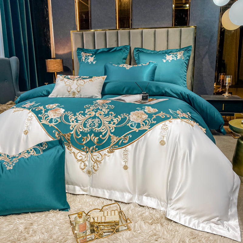 Julieta Deep Sea Green Luxury 600 TC Cotton Flowers Royal Embroidery Duvet Bedding Set - DARIYA HOME