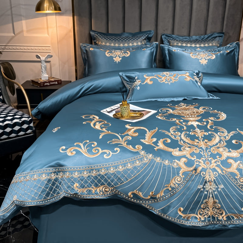 Elmira Blue 600TC Satin Egyptian Cotton Royal Embroidery Duvet Bedding Set - DARIYA HOME