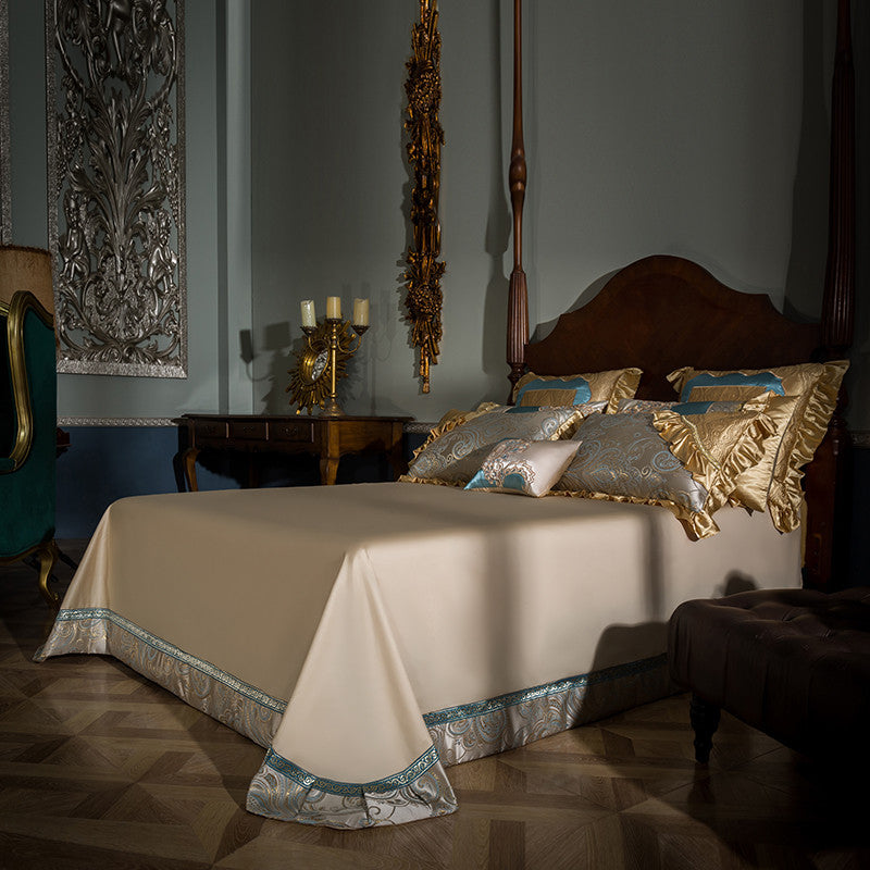 Jacqueline Gold Blue Satin Jacquard Egyptian Cotton Royal Luxury Embroidered Duvet Cover Set - DARIYA HOME