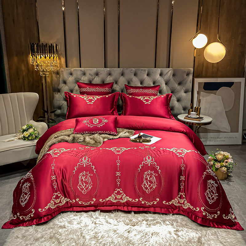 Naomi Cerise Red Luxury 600TC Satin Egyptian Cotton Royal Embroidered Duvet Bedding Set - DARIYA HOME