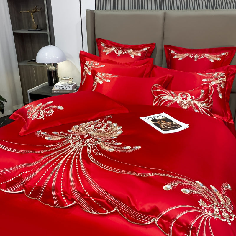 Virginia Red Ribbon Luxury Satin Egyptian Cotton Royal Feather Embroidery Duvet Bedding Set - DARIYA HOME