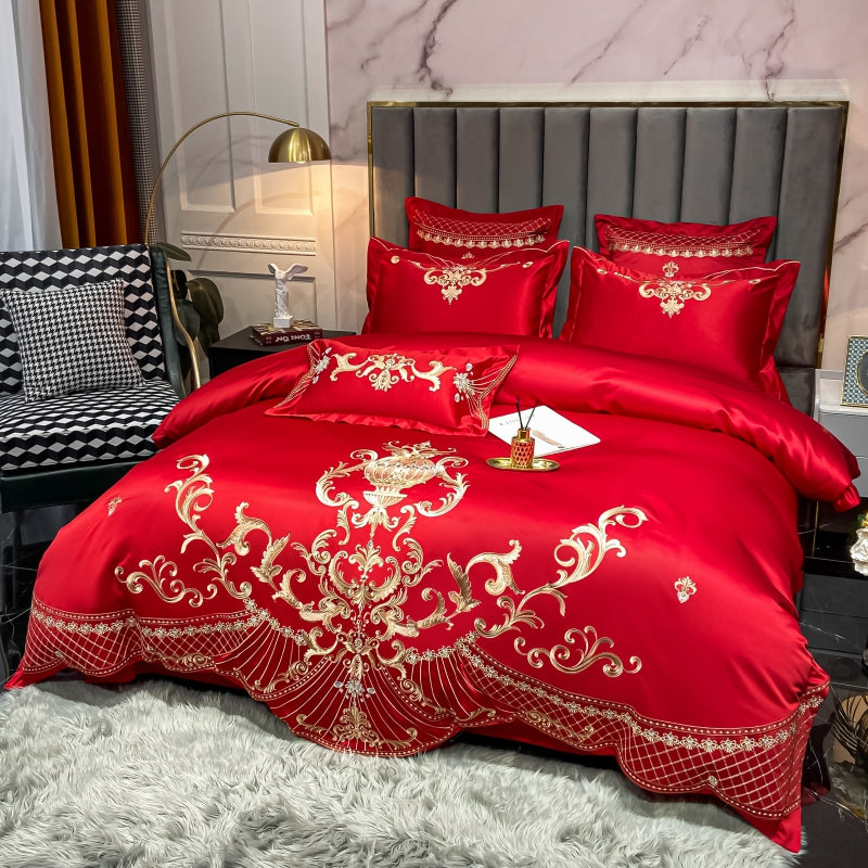 Elmira Red Luxury 600TC Satin Egyptian Cotton Royal Embroidery Duvet Bedding Set - DARIYA HOME