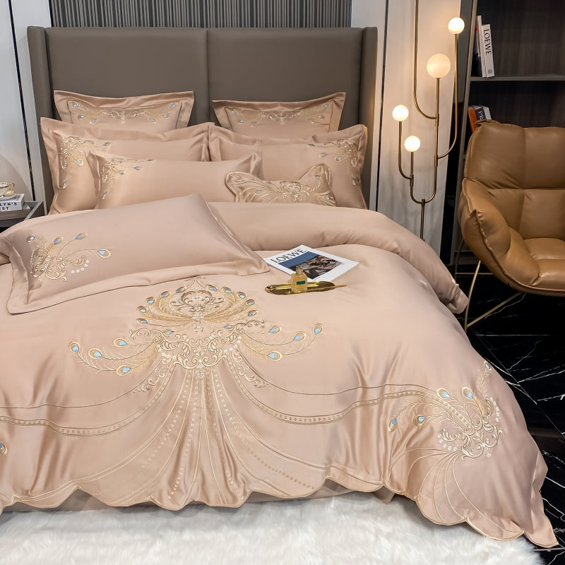 Virginia Almond Luxury Satin Egyptian Cotton Royal Feather Embroidery Duvet Bedding Set - DARIYA HOME