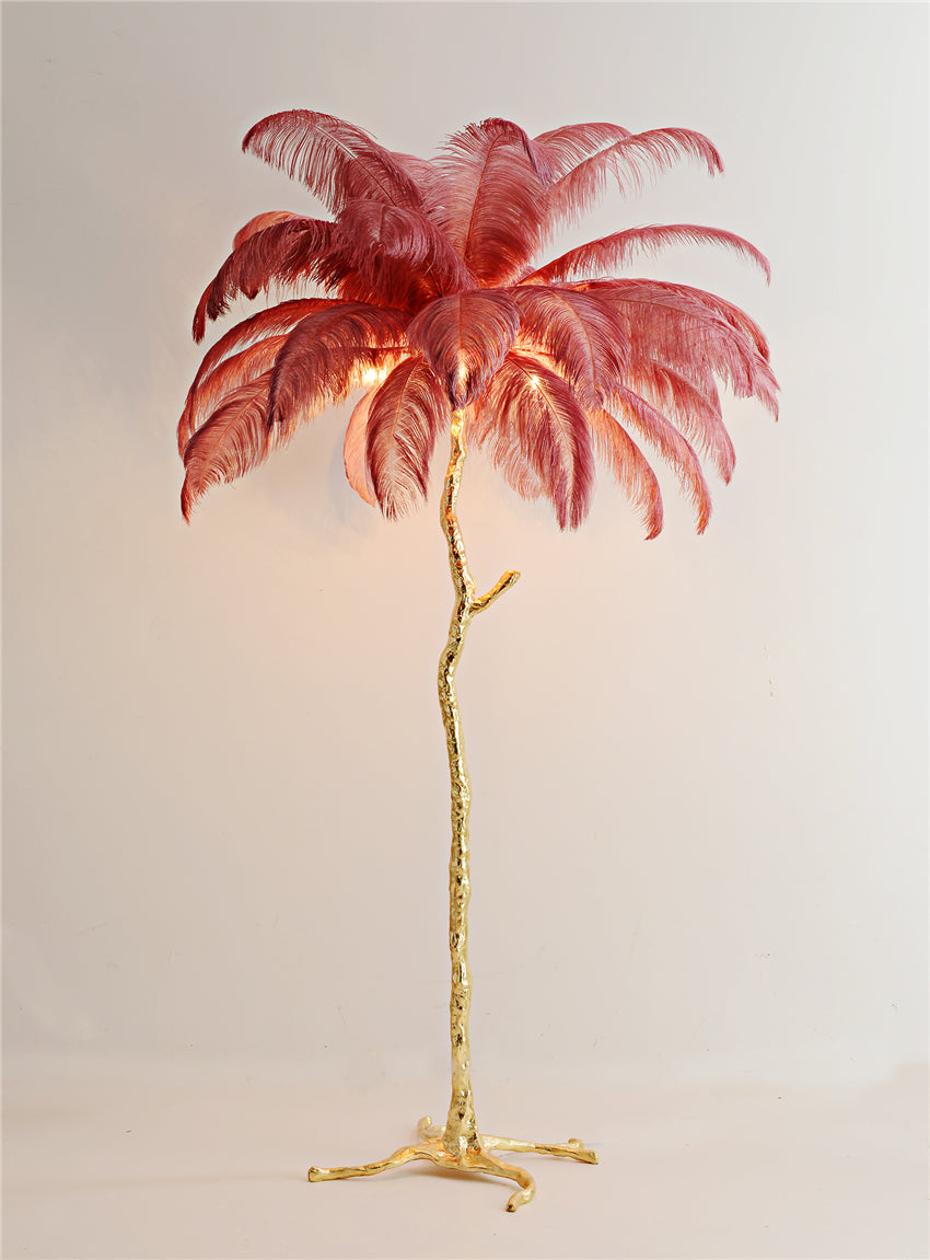 "King of The Jungle" Red Ostrich Feathers Handcrafted Copper Body Decor Floor Table Lamp - DARIYA HOME