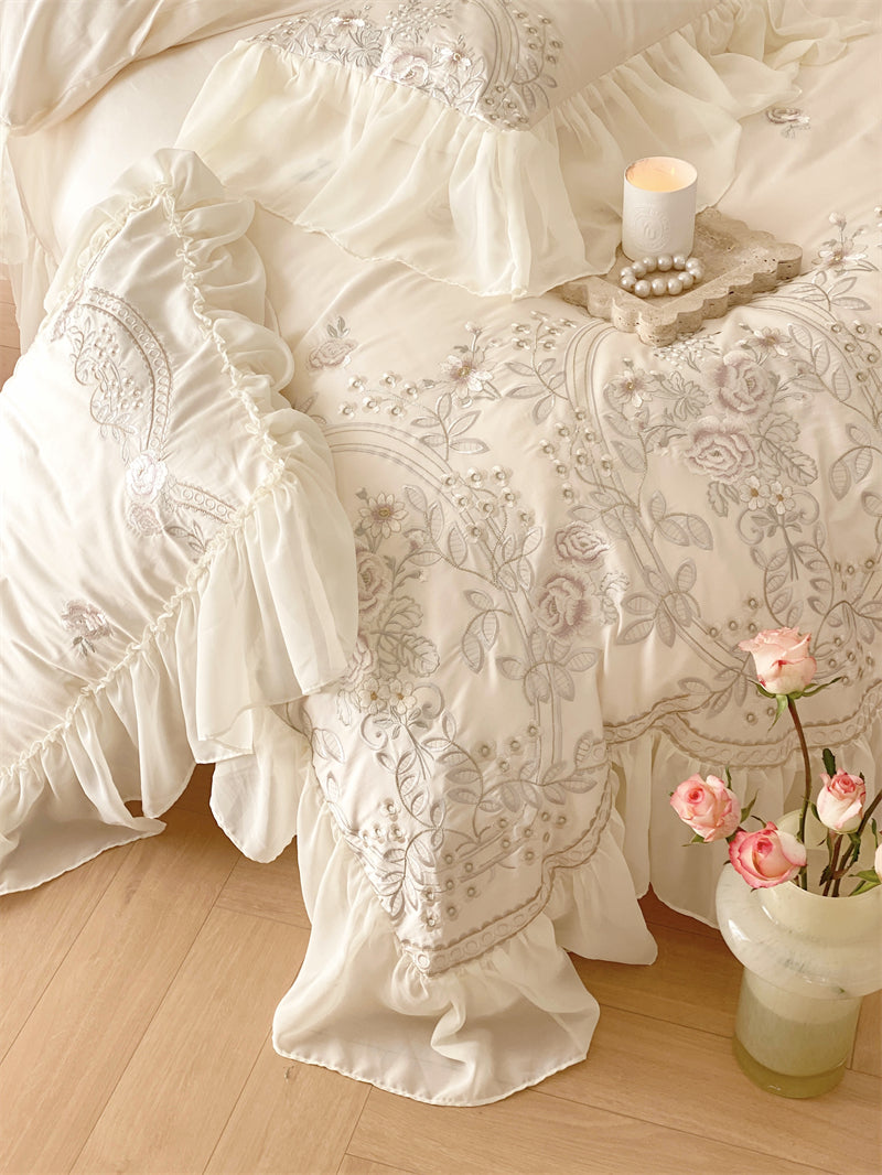 Brugge White Egyptian Cotton Embroidered Duvet Bedding Set - DARIYA HOME