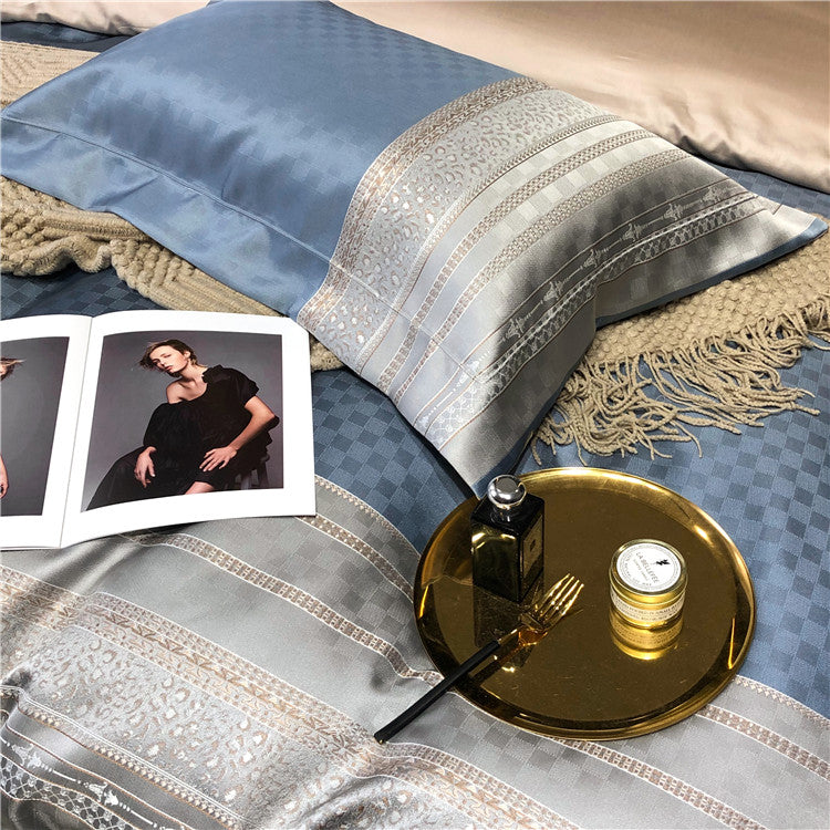 Eleonore Blue 1000TC Satin Jacquard Egyptian Cotton Royal Duvet Bedding Set - DARIYA HOME