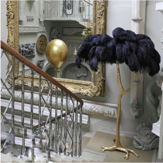 "King of The Jungle" Purple Ostrich Feathers Handcrafted Copper Body Decor Floor Table Lamp - DARIYA HOME