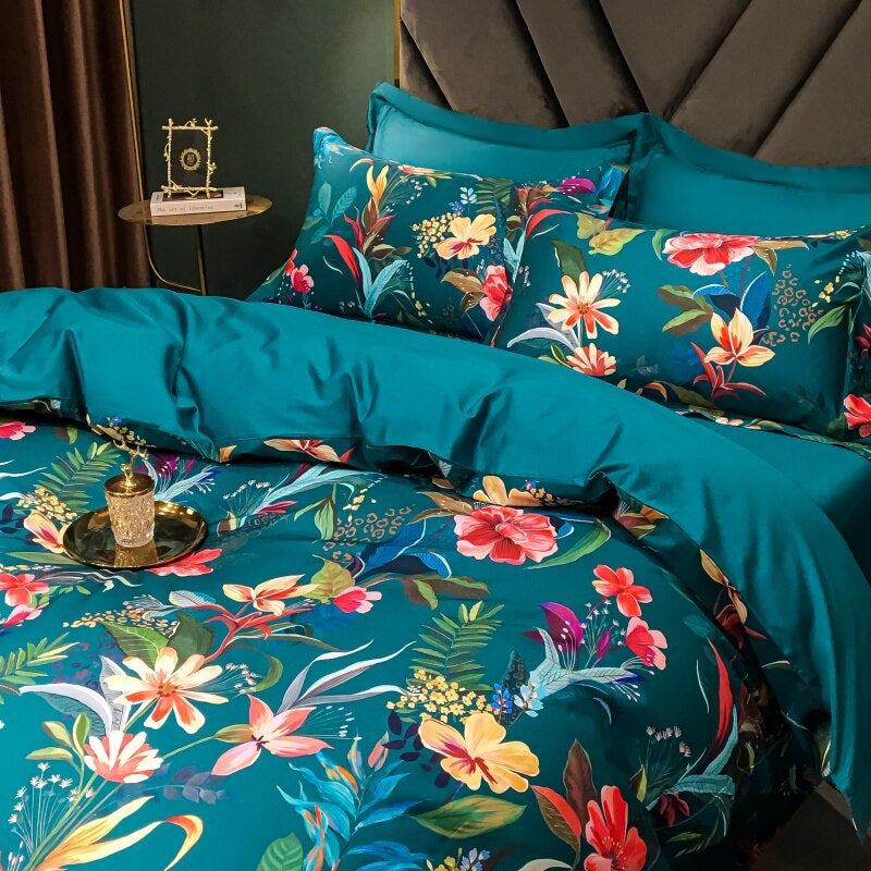 Brigitte Blue Lagoon Floral Design Egyptian Cotton Bedding Set - DARIYA HOME