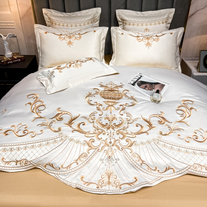 Elmira White Gold 600TC Satin Egyptian Cotton Royal Embroidery Duvet Bedding Set - DARIYA HOME