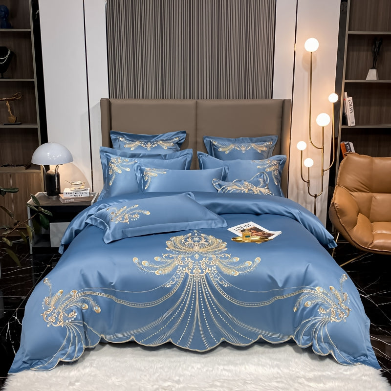 Virginia Blue Luxury Satin Egyptian Cotton Royal Feather Embroidery Duvet Bedding Set - DARIYA HOME